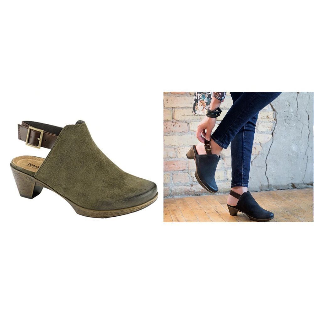 NAOT Upgrade Slingback Clogs Olive Suede Leather Buckle Comfort Shoes